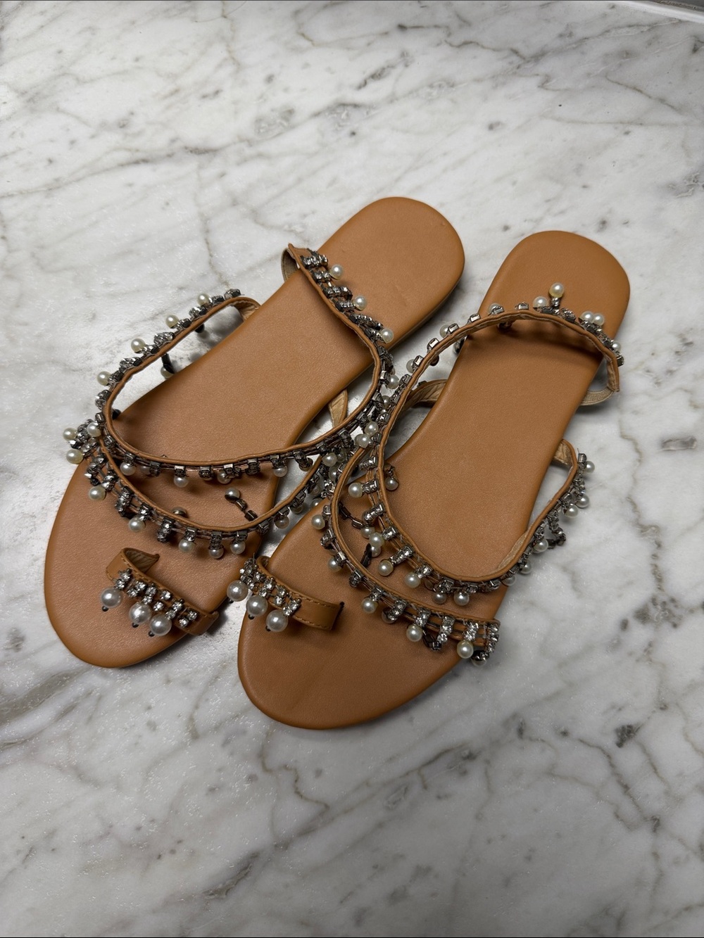 Pearl-Embellished Tan Women's Slide Sandals